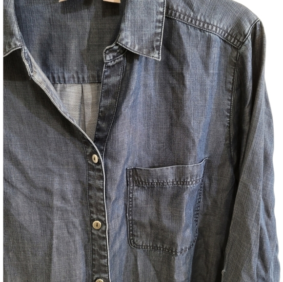 Chico's Dark Wash Chambray Tunic Top Large 12 Size 2 Button Up Shirt Tab Sleeves - Picture 3 of 7